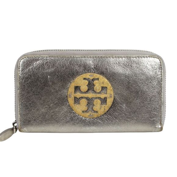 Tory Burch SILVER GENUINE LEATHER LOGO COIN BILL HOLDER WALLET CLUTCH POUCH - Picture 1 of 9